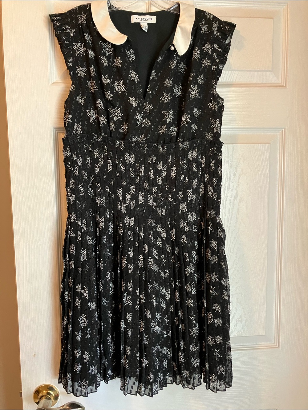Woman Black Star-Print Midi Dress with White Collar